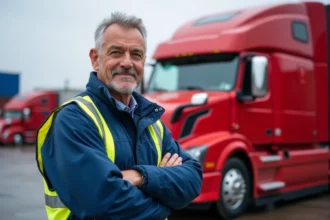 Homme chauffeur de camion rouge dans un hub logistique