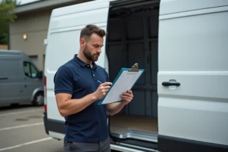 Agent logistique vérifiant une check-list opérationnelle avant le départ d'une tournée de livraison, debout près d'un véhicule utilitaire blanc dans un dépôt