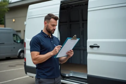 Agent logistique vérifiant une check-list opérationnelle avant le départ d'une tournée de livraison, debout près d'un véhicule utilitaire blanc dans un dépôt