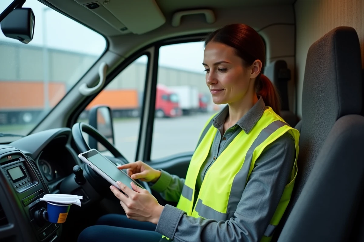 Chauffeuse de tournée consultant une check-list numérique sur tablette dans la cabine d'un véhicule de livraison avant le départ