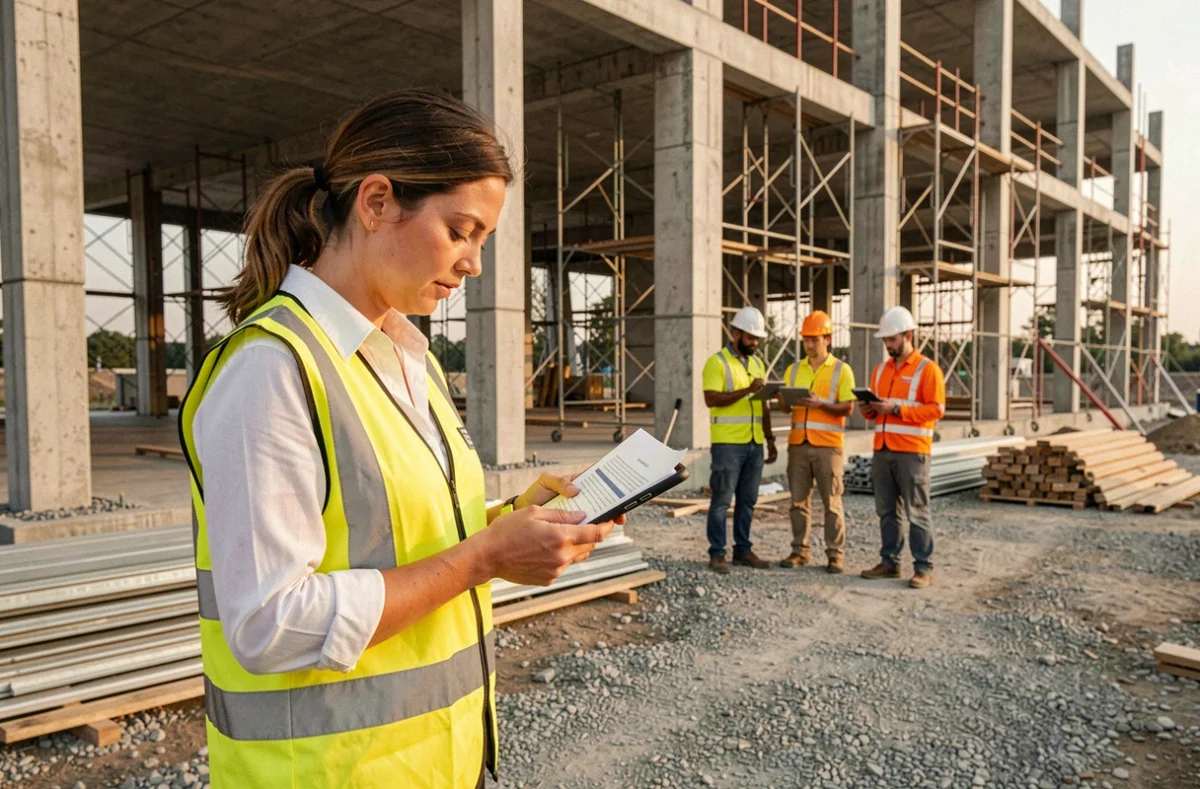 Chef de projet PME du bâtiment consultant des documents sur tablette sur un chantier de construction actif