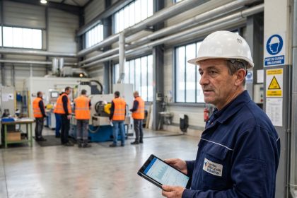 Manager d usine en veste et casque dans une usine moderne