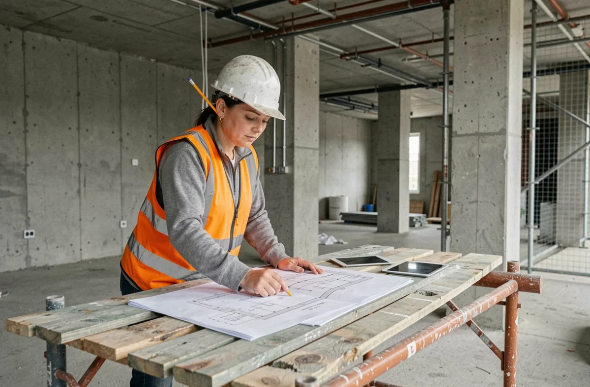 Cheffe de chantier analysant des plans de rénovation intérieure avec une tablette pour optimiser la gestion de ses travaux