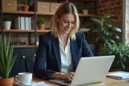 Cheffe d'entreprise TPE utilisant une plateforme partenaire sur son ordinateur portable dans un bureau chaleureux