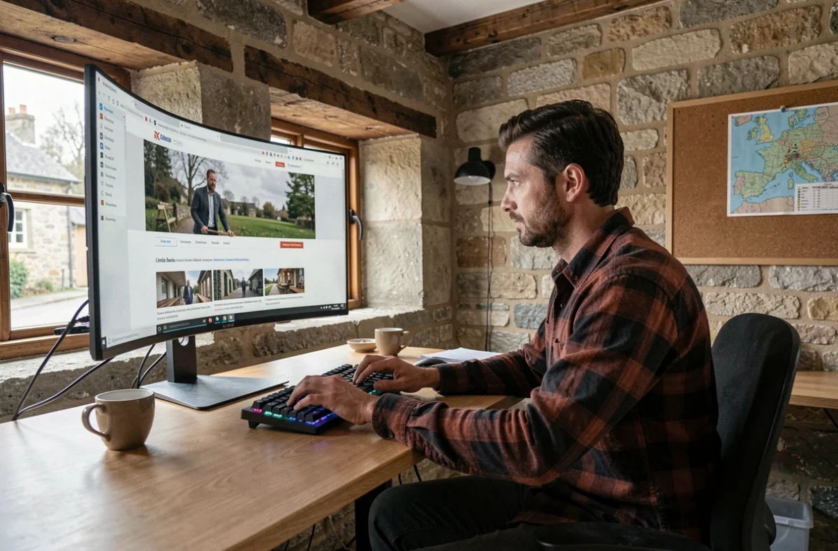 Développeur web de Clic et Site Orne travaillant sur un site de commerce local dans un bureau normand typique