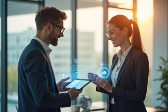 Une femme d'affaires et un homme d'affaires collaborent dans un bureau lumineux avec interface digitale