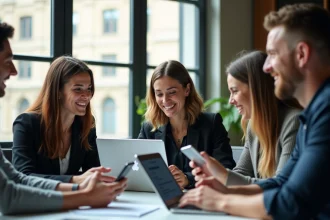 Groupe de jeunes professionnels collaborant dans un bureau lyonnais