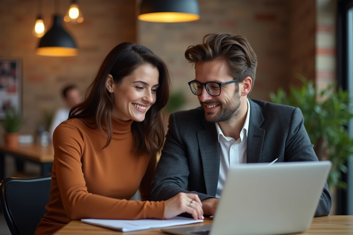 Deux collègues collaborant sur la rédaction d'un email professionnel dans un espace de coworking
