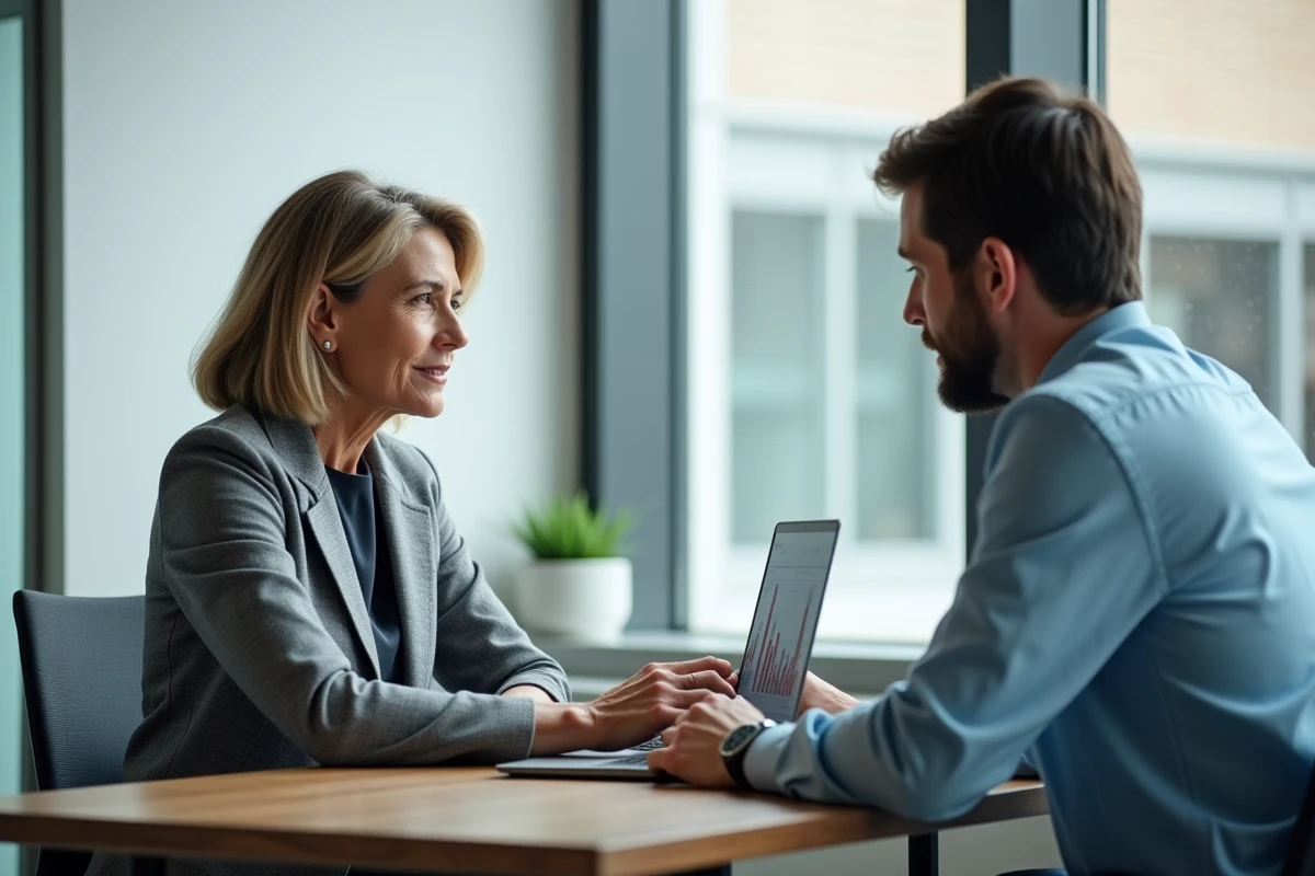 Deux professionnels de TPE collaborant sur un tableau de bord partenaire-entreprise dans un espace de coworking