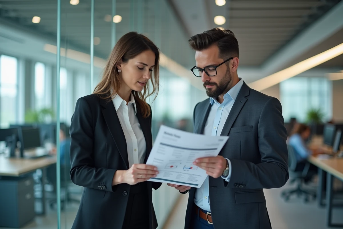 Deux collègues en entreprise analysant ensemble un rapport de réduction des coûts télécom