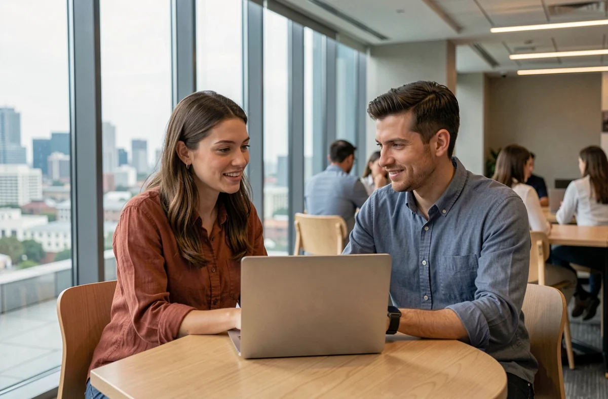 Deux collègues collaborant ensemble dans un espace coworking d'hôtel avec vue sur la ville