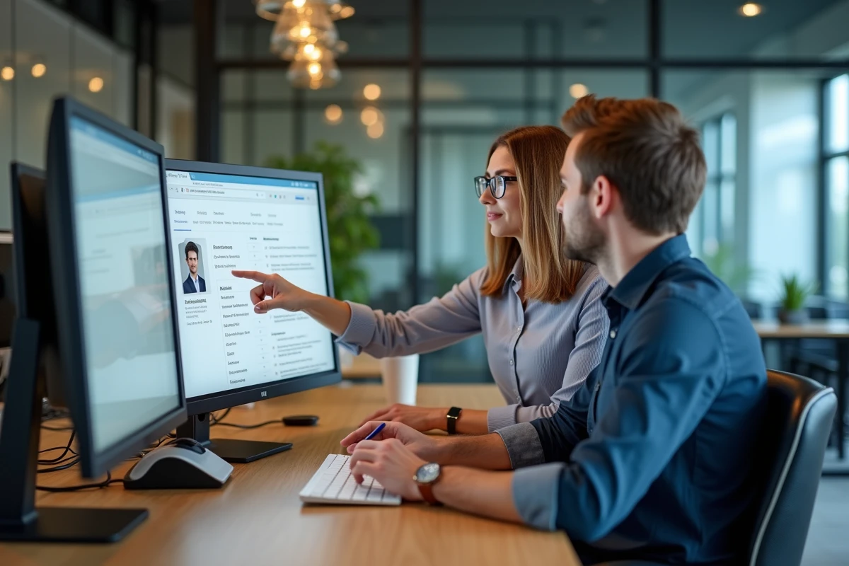 Deux collègues collaborant pour optimiser un profil professionnel sur un grand écran dans un espace de coworking