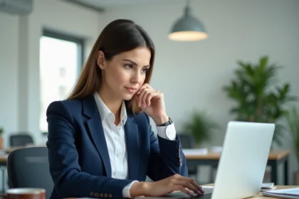 Une professionnelle du marketing compare les formules tarifaires d'outils IA sur son ordinateur portable dans un bureau moderne