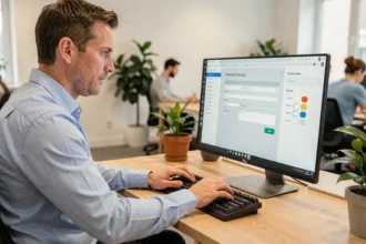 Homme configurant les paramètres essentiels d'un logiciel de connexion sur un écran d'ordinateur de bureau dans un bureau moderne