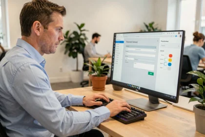 Homme configurant les paramètres essentiels d'un logiciel de connexion sur un écran d'ordinateur de bureau dans un bureau moderne