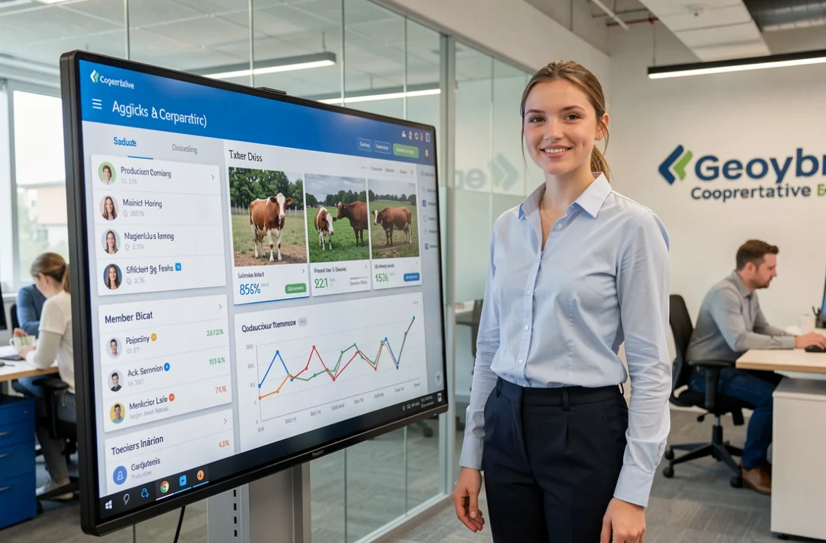 Conseillère de coopérative agricole présentant le tableau de bord de l'extranet Cooperl sur un écran tactile en bureau moderne