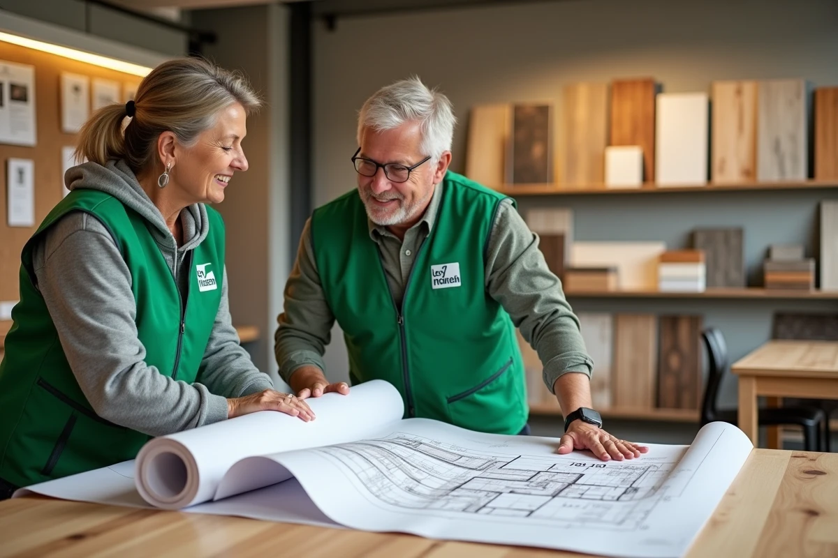 Deux conseillers Leroy Merlin en gilet vert étudiant des plans de rénovation avec des échantillons de matériaux, symbolisant l'expertise et la croissance de l'enseigne