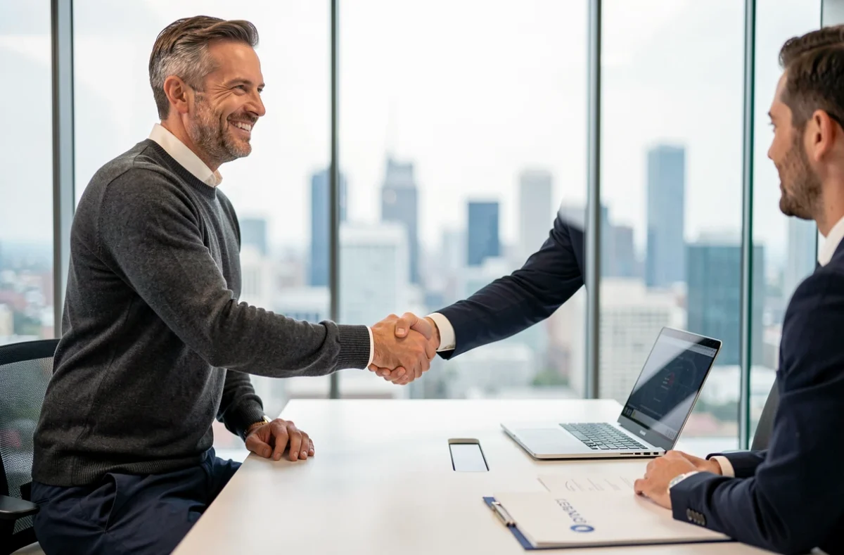 Consultant en portage salarial concluant un accord professionnel avec un partenaire commercial