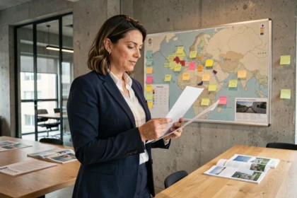 Consultante en implantation d'entreprise analysant une carte territoriale dans un bureau moderne
