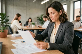 Consultante indépendante en portage salarial examinant un contrat dans un espace de coworking moderne