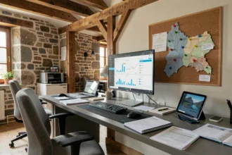 Espace de travail d'un consultant SEO en Finistère avec écrans d'analytique et carte de la région