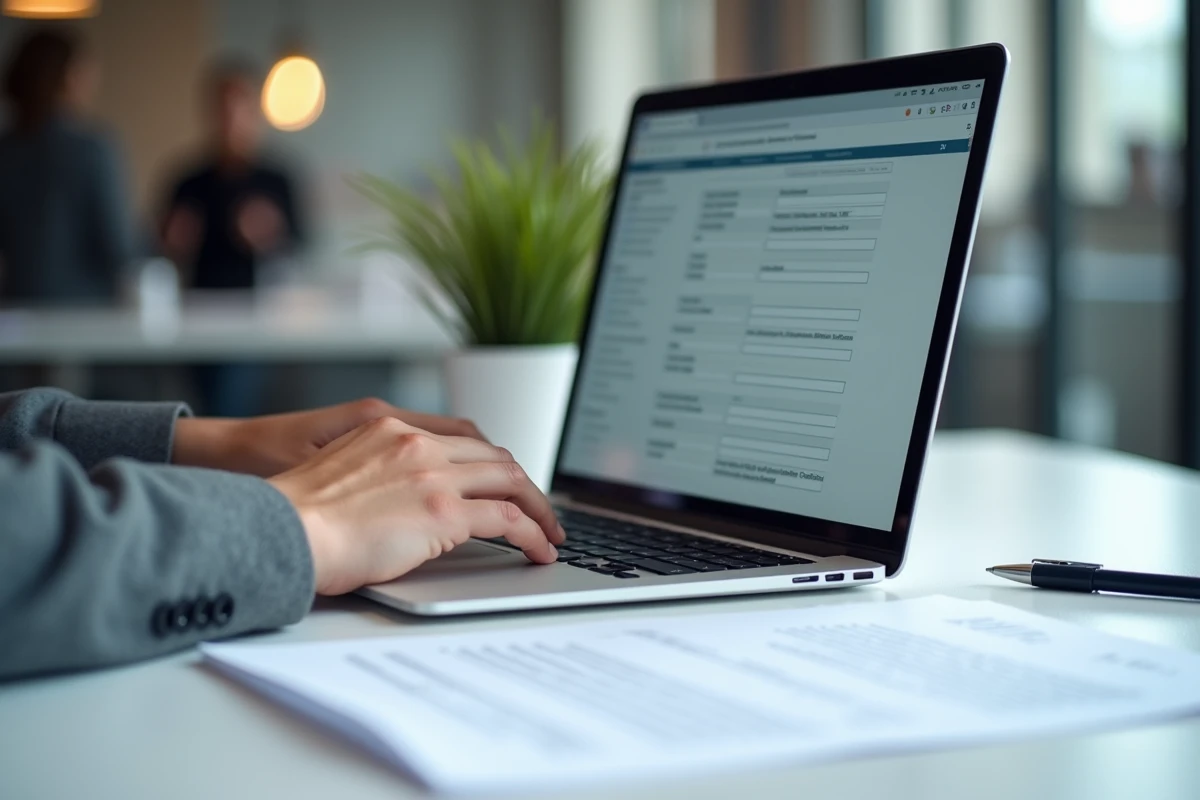 Consultation d'un registre d'entreprises français en ligne sur un ordinateur portable avec documents légaux