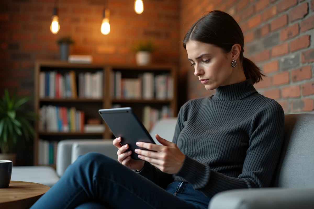 Jeune professionnelle consultant un site de veille B2B sur une tablette dans un espace lounge startup avec mur en brique