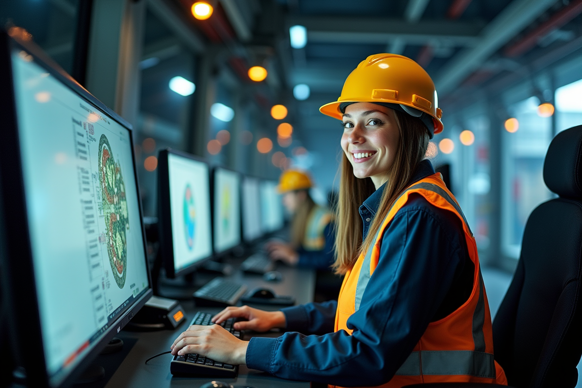 Jeune femme en équipement de sécurité dans une salle de contrôle minière
