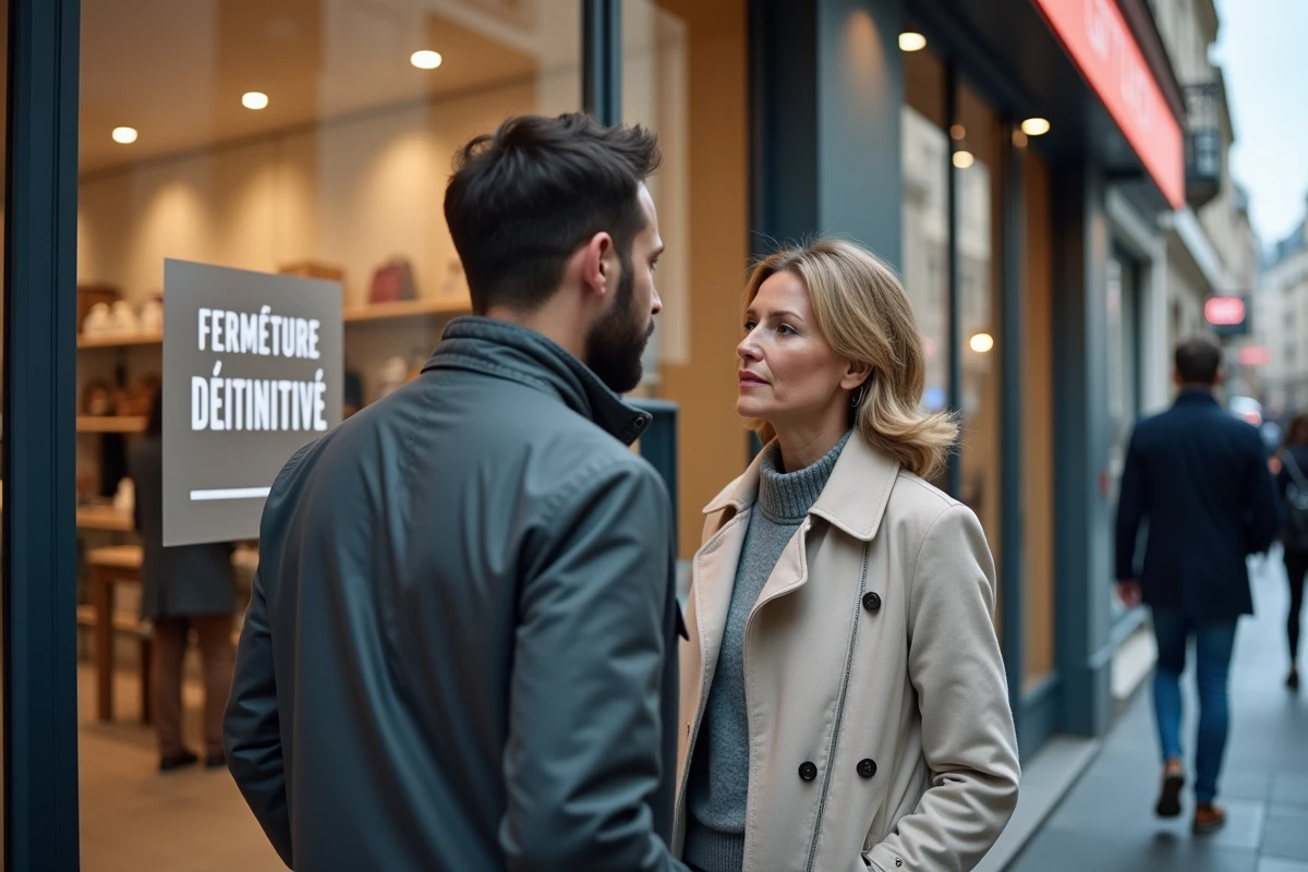 Couple français devant la porte d'un magasin GiFi affichant un panneau de fermeture définitive, regards préoccupés face à l'annonce de la cessation d'activité