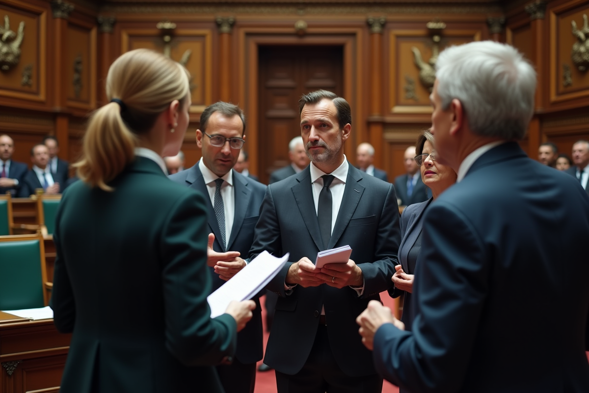 Groupe de parlementaires français en discussion animée