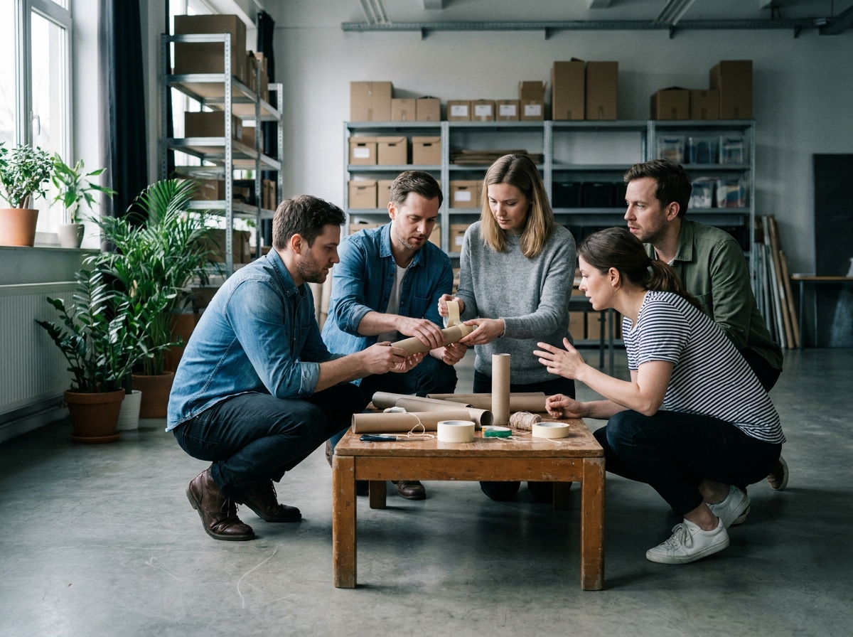Équipe de salariés construisant un prototype en carton lors d'un défi créatif dans un espace team building loué