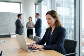 Femme professionnelle prenant des notes sur ordinateur lors d'une réunion d'entreprise pour la rédaction d'un procès-verbal
