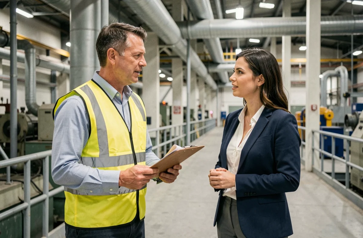 Délégué du CSE discutant avec un employé sur le site industriel d'une grande entreprise aéronautique