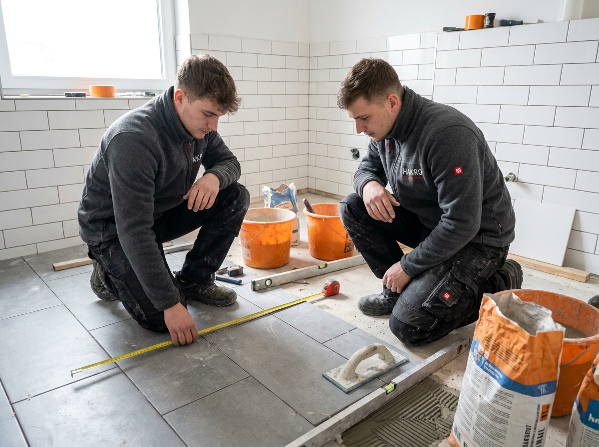 Deux artisans carreleurs en vêtements de travail Hakro fleece anthracite sur un chantier de salle de bain