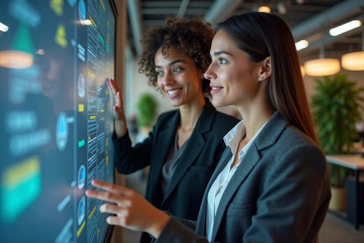 Deux femmes d affaires collaborant devant un écran numérique