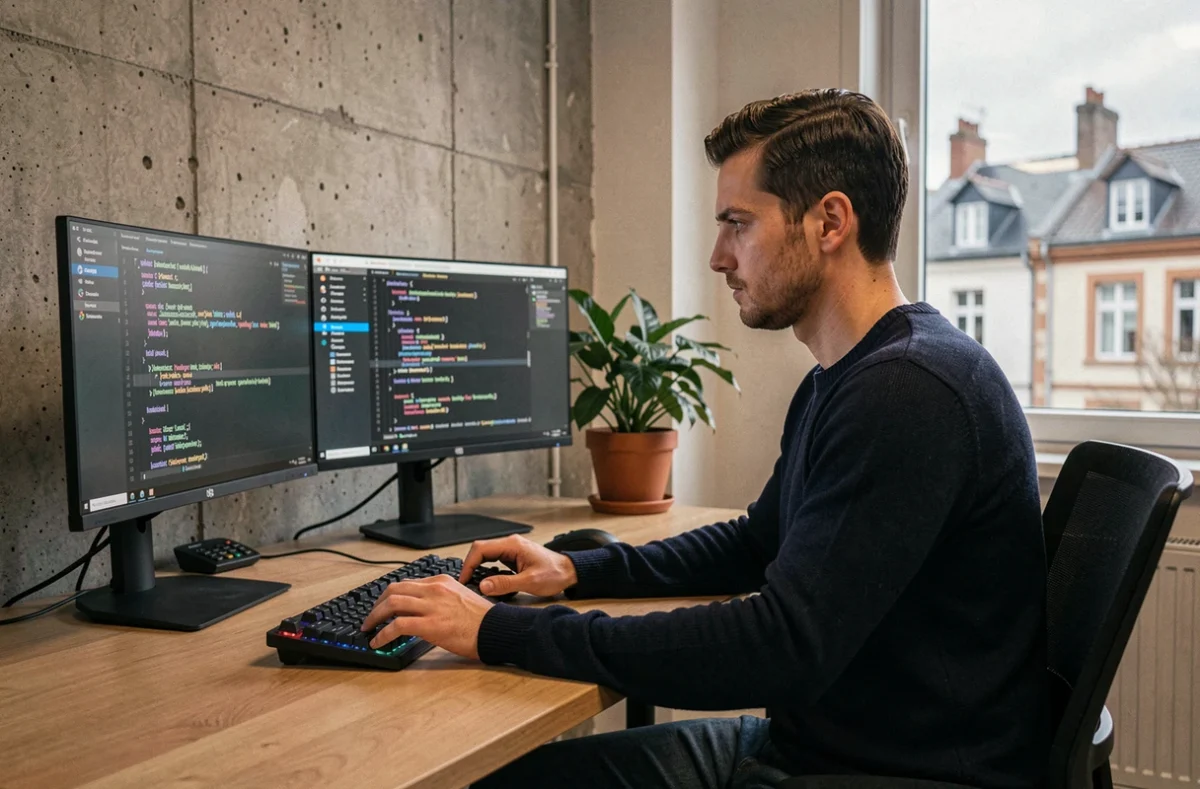 Développeur web masculin concentré sur son code dans un bureau moderne à Quimper