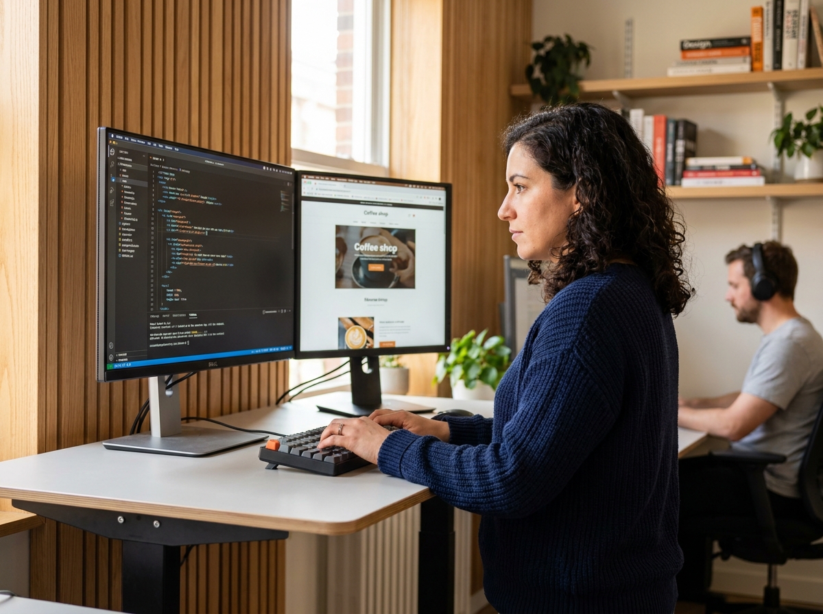 Développeuse web concentrée travaillant sur le code d'un site internet dans un espace de coworking moderne avec double écran