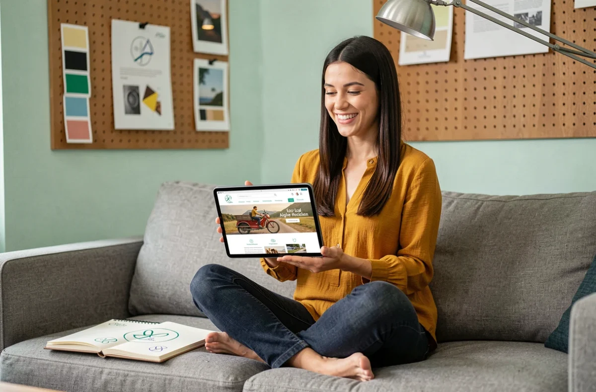 Designer web de Digit'Aigle présentant un site e-commerce local sur tablette dans un studio créatif coloré