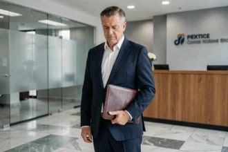 Dirigeant bancaire quittant le siège de La Banque Postale, symbolisant le départ de Philippe Heim