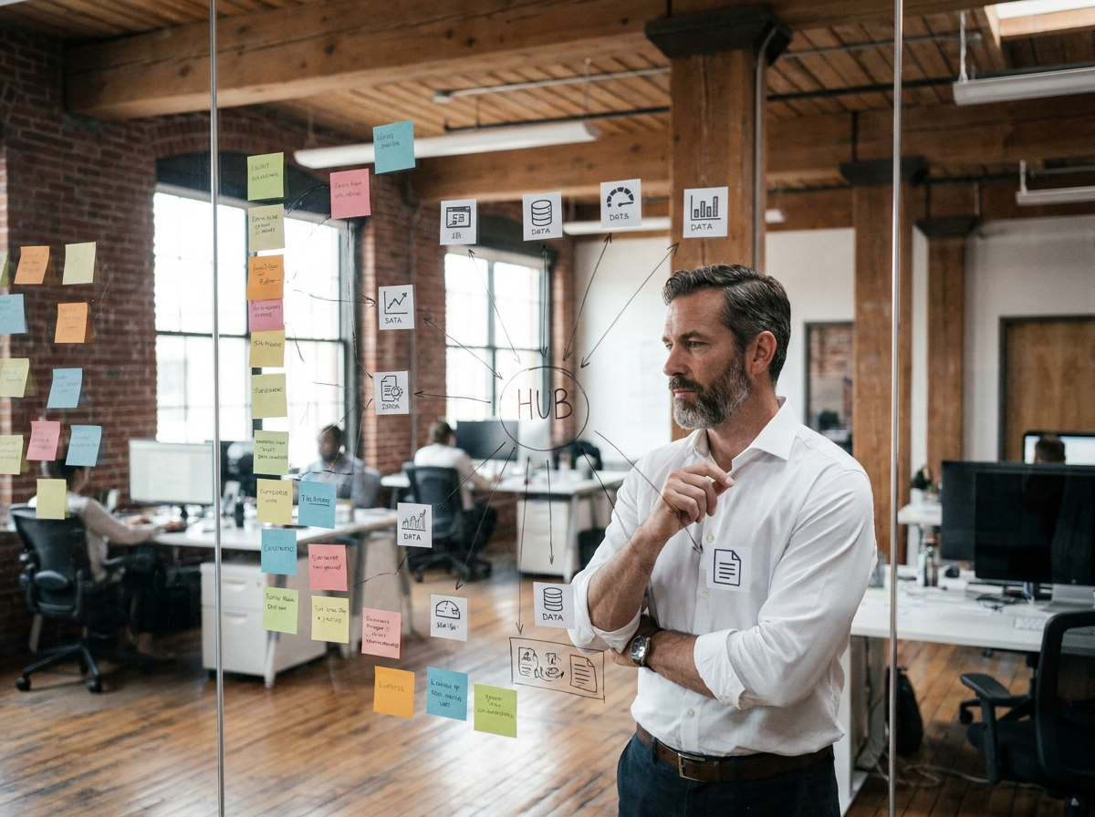 Dirigeant d'entreprise debout devant un mur de post-it représentant la cartographie des sources de données interconnectées