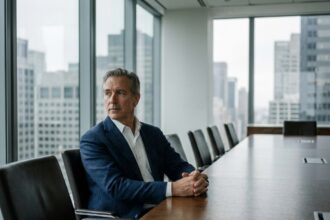 Dirigeant d'entreprise assis seul dans une salle de réunion vide après la vente de sa société, regard pensif tourné vers la fenêtre