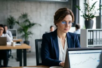 Femme dirigeante analysant les finances de son entreprise sur un ordinateur portable dans un bureau moderne