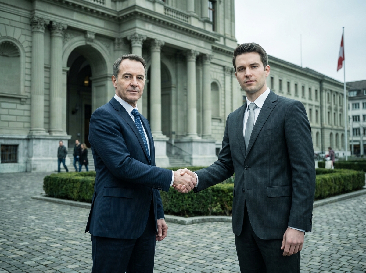 Deux dirigeants d'entreprise se serrant la main devant une institution financière genevoise, symbolisant l'implantation en Suisse