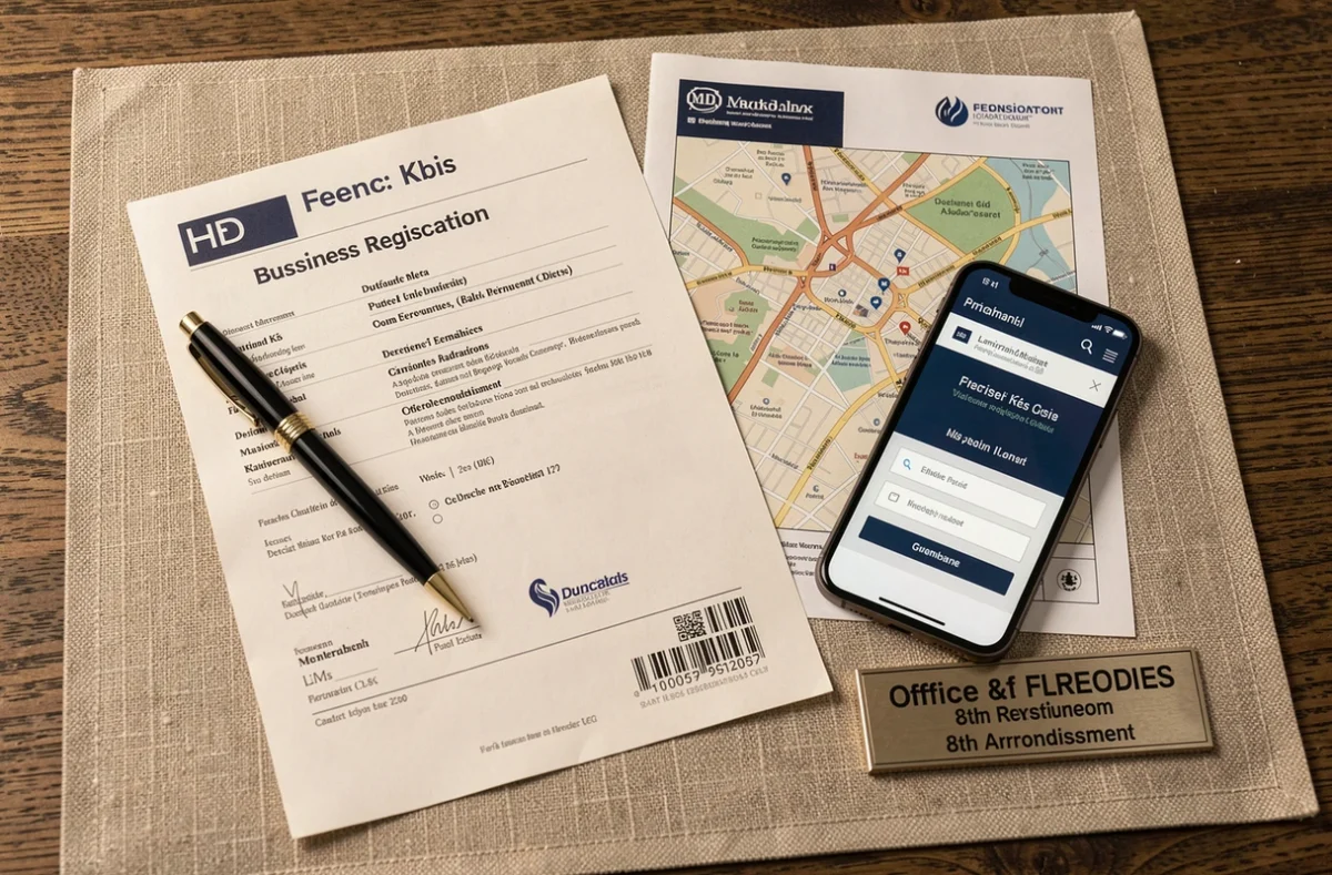 Documents officiels de domiciliation d'entreprise à Paris incluant un extrait Kbis et une adresse dans le 8e arrondissement