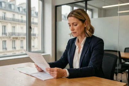 Femme d'affaires consultant des documents administratifs pour la domiciliation de son entreprise à Paris