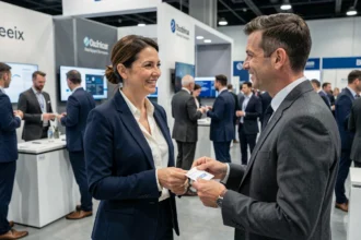 Deux professionnels échangeant des cartes de visite lors d'un salon B2B, illustrant le réseautage d'affaires