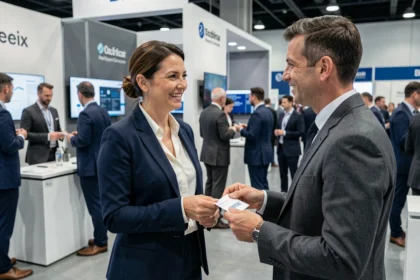 Deux professionnels échangeant des cartes de visite lors d'un salon B2B, illustrant le réseautage d'affaires