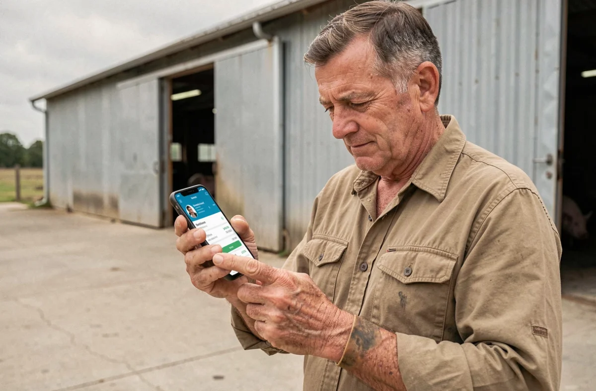 Éleveur adhérent Cooperl consultant l'extranet agricole sur smartphone dans la cour de son exploitation porcine