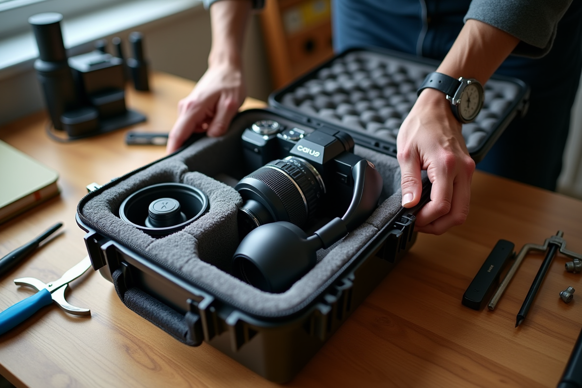 Main plaçant une housse rembourrée sur un appareil photo et casque