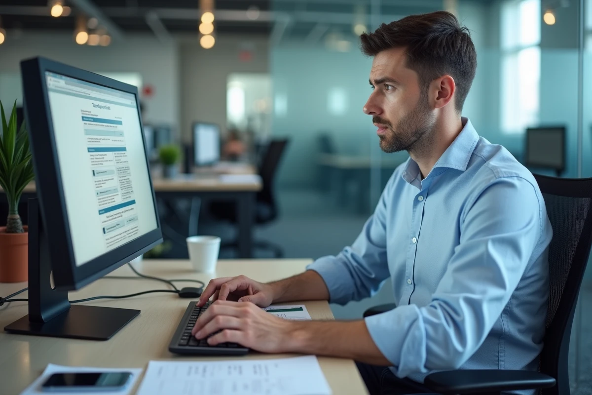 Employé de bureau cherchant à retrouver son identifiant Nibelis sur un ordinateur de travail en open space